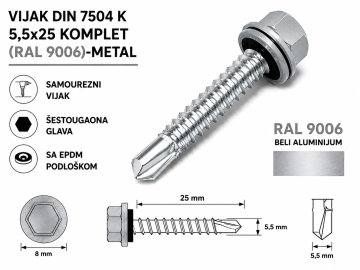 VIJAK DIN 7504 K 5,5x25 KOMPLET (RAL 9006)-METAL